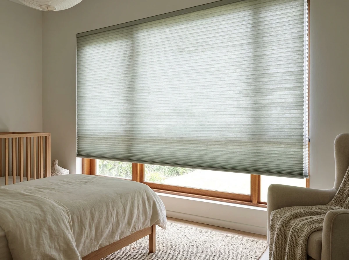 Pale sage-grey cellular honeycomb blind lowered over a nursery window in a Knysna home, soft light through the pleated cell structure