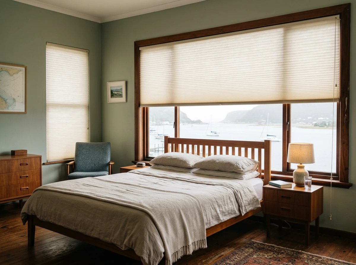 Bedroom in an older established lagoon-front home on Leisure Isle, Knysna, large picture window facing the water, a pale cellular honeycomb blind lowered for morning privacy