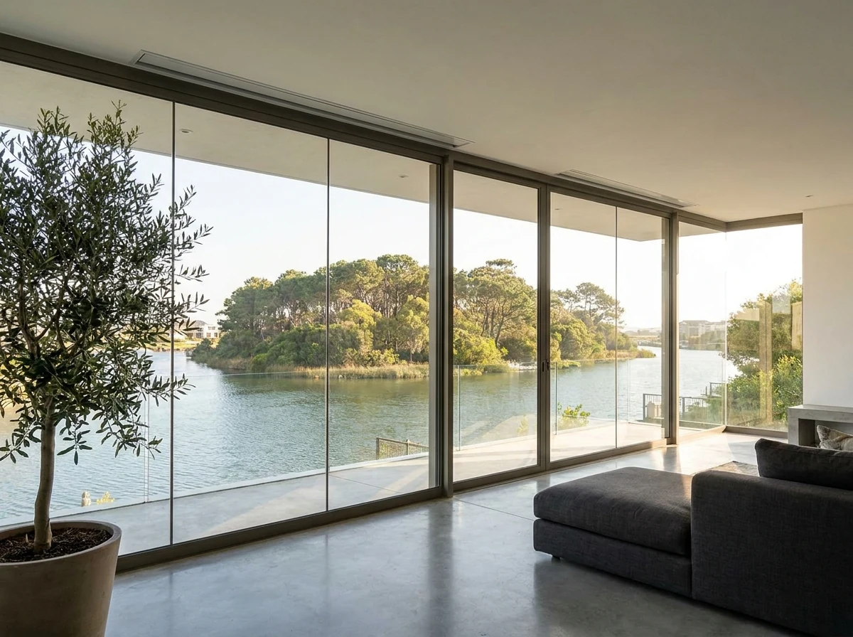 Glass-walled garden room in a contemporary Thesen Islands home with a blind fully retracted into a slim recessed ceiling box