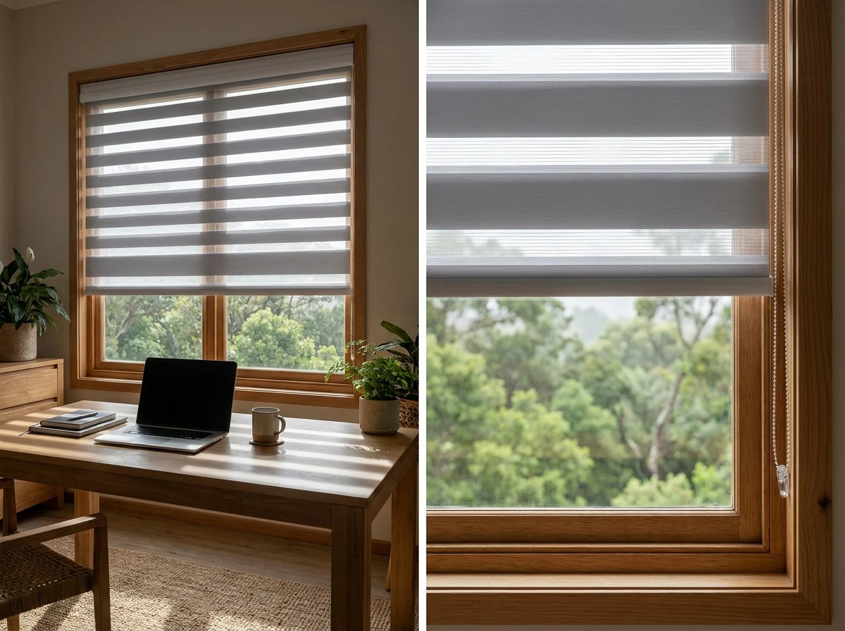 Day and night zebra blind half-lowered over a home-office window with a forest view in Knysna, striped light falling across the desk
