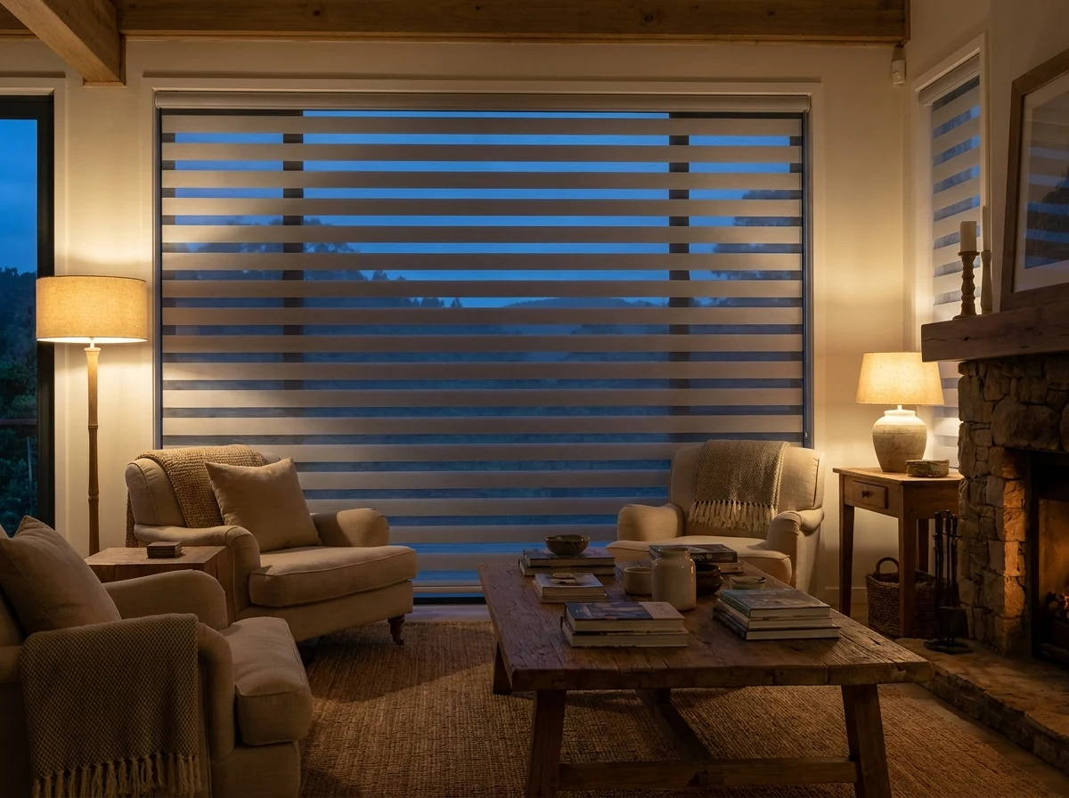 Day and night zebra blind covering a wide window in a Knysna living room, bands offset for near-solid privacy at dusk with warm interior lighting
