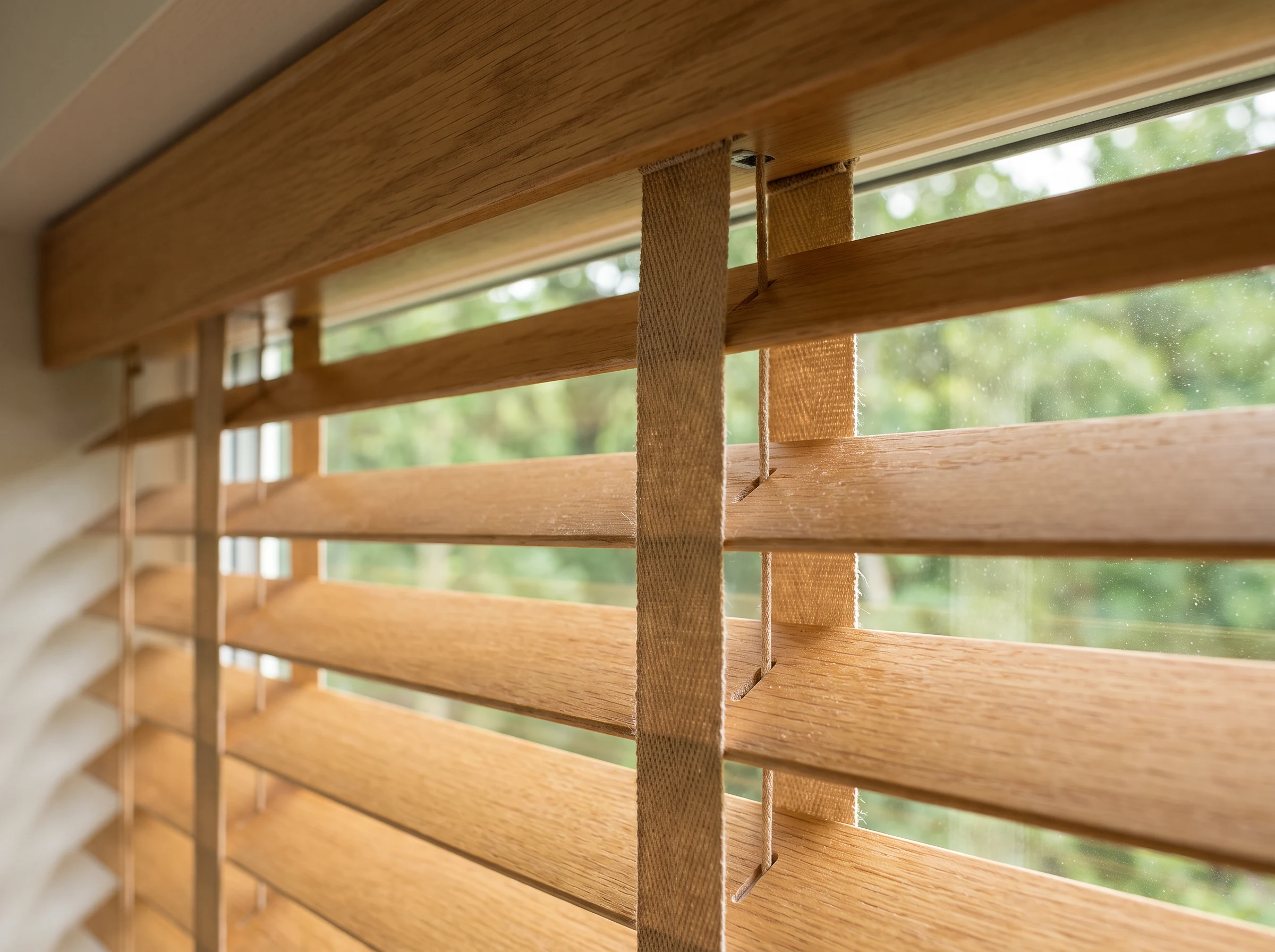 Close-up of a timber venetian blind's slats and ladder-tape cords at the headrail, soft window light, blurred green forest canopy behind