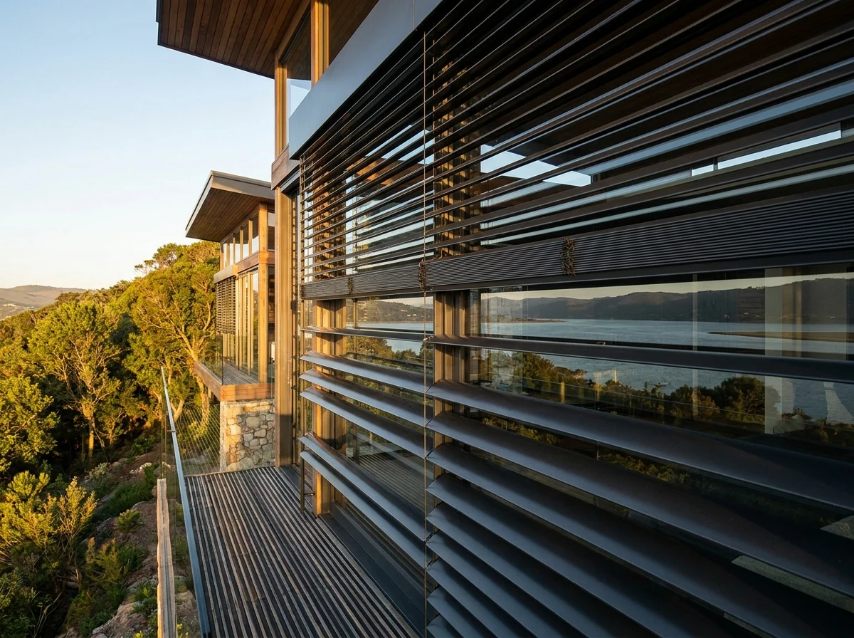Powder-coated aluminium external venetian blinds mounted over a west-facing glass wall of a modern Knysna home