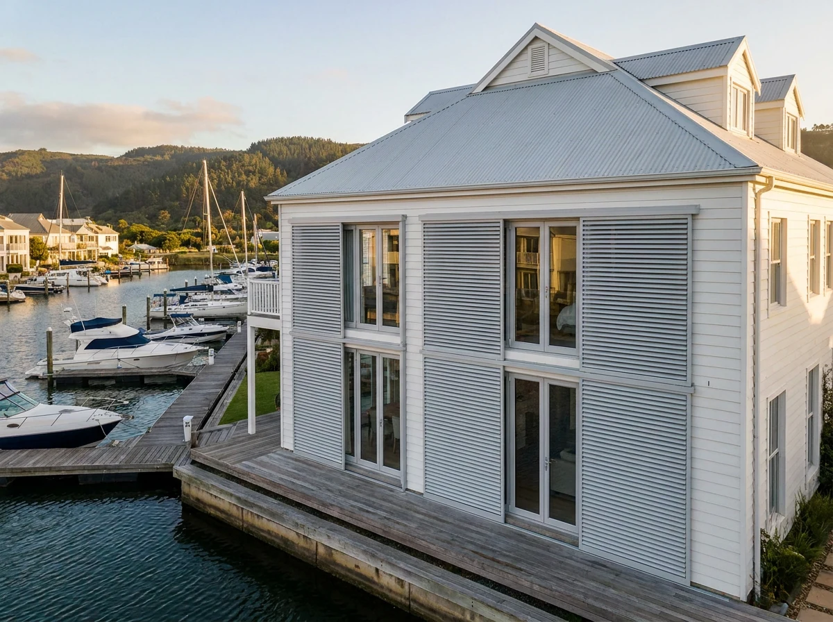 Colonial-maritime-style double-storey home on Thesen Islands, Knysna, fronting a marina canal with moored yachts, external aluminium venetian blinds mounted flush over tall glass doors on the water-facing facade