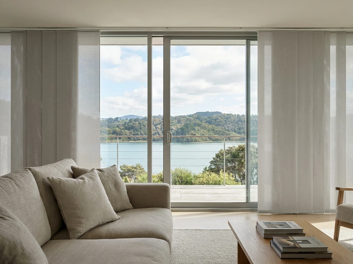 Stone-toned vertical panel blinds drawn partly aside on wide sliding glass doors in a Knysna lagoon-view living room