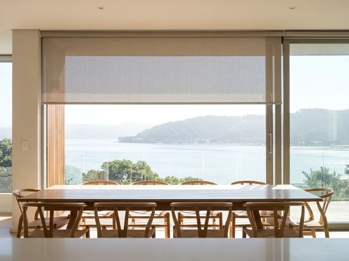 Stone-toned sunscreen roller blind lowered halfway across a wide glass door in a Knysna dining room overlooking the lagoon and forested hills