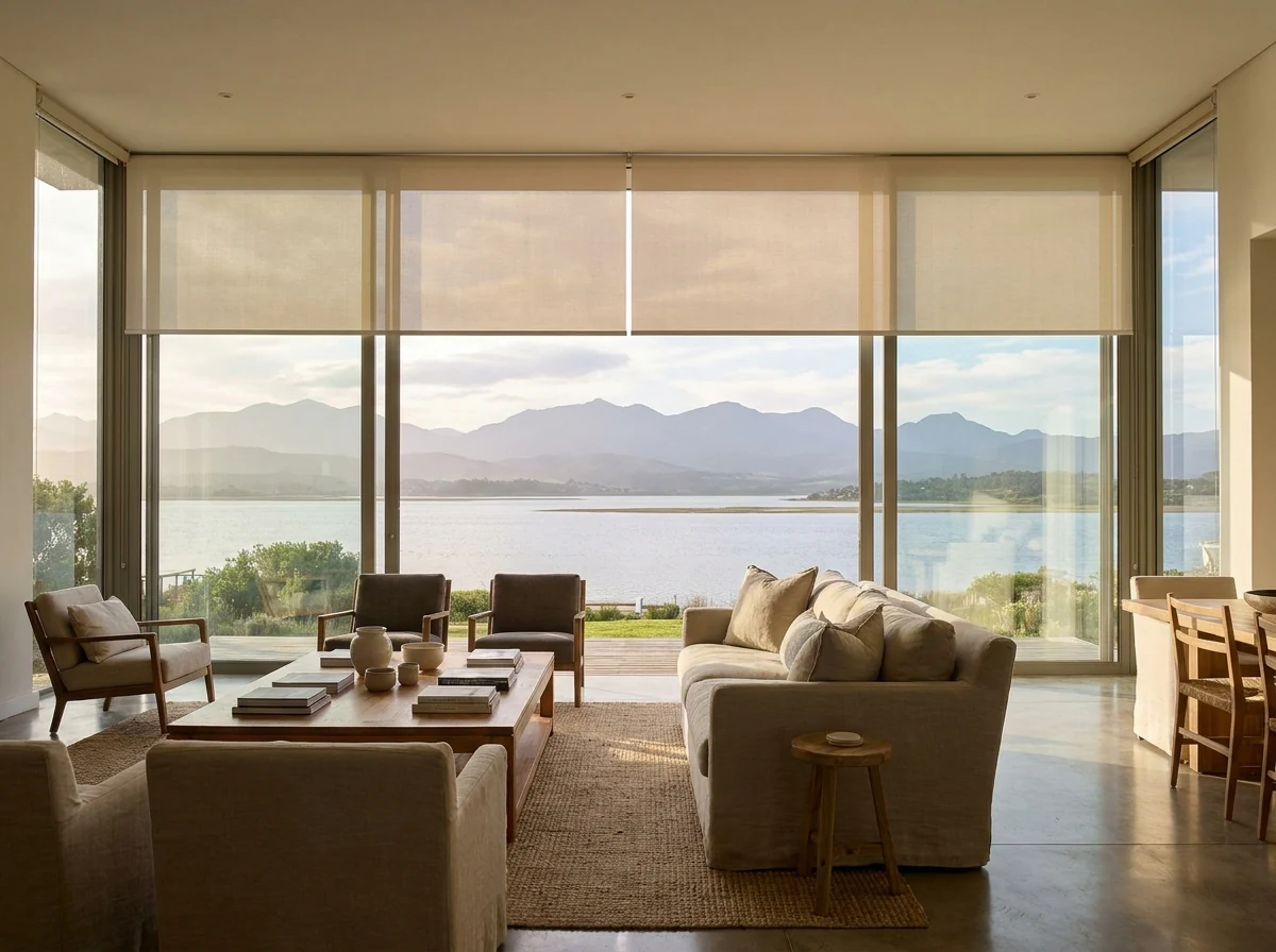 Pale stone sunscreen roller blind lowered a third of the way down over a wide glass wall in a Knysna lounge, wide lagoon view and distant Outeniqua mountains beyond