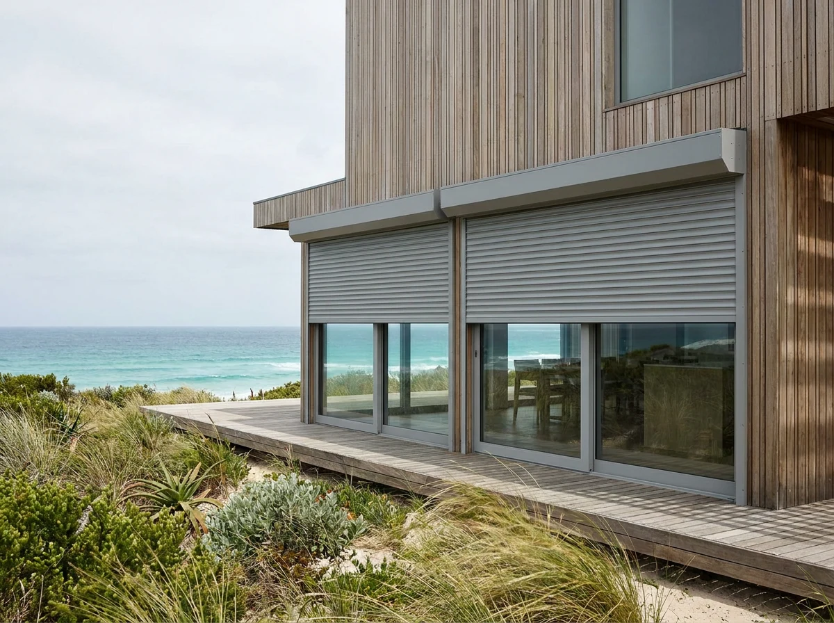 Beach house at Brenton-on-Sea near Knysna, rigid interlocking aluminium roller shutters lowered halfway from headboxes over glass doors facing the dune and sea