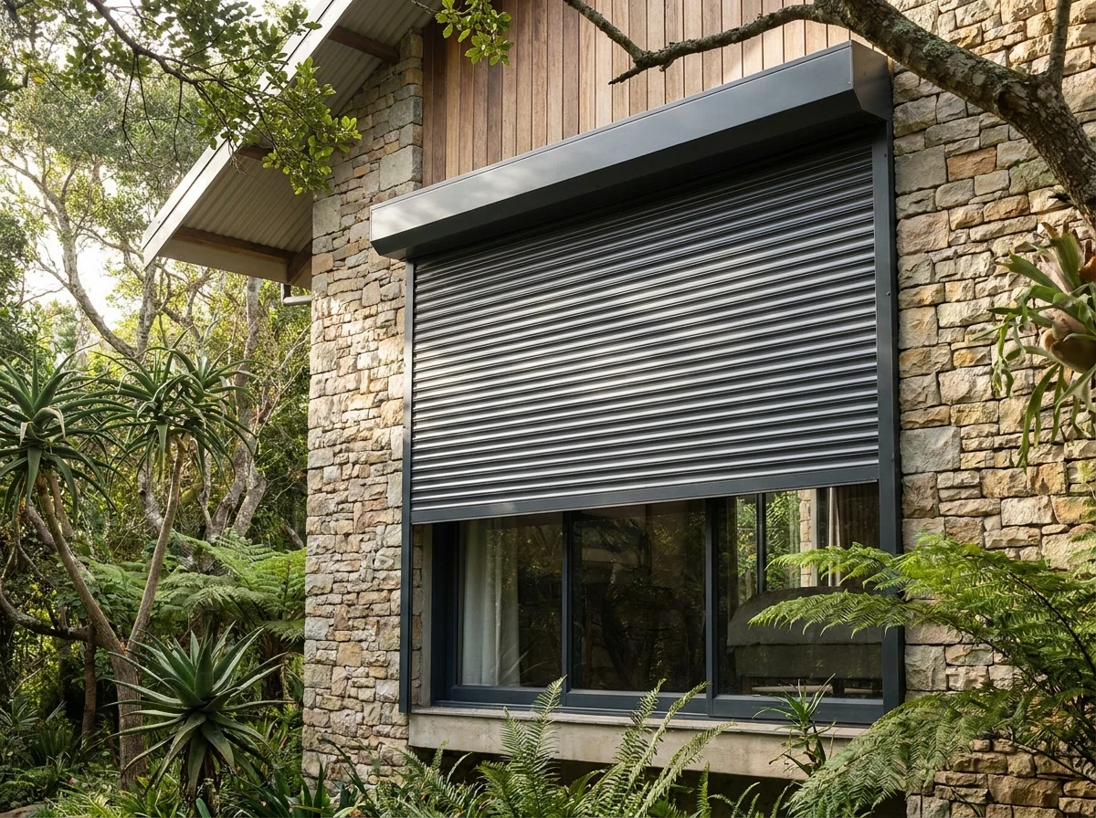 Rigid interlocking aluminium roller shutter lowered halfway from a headbox outside a window in a Knysna forest garden