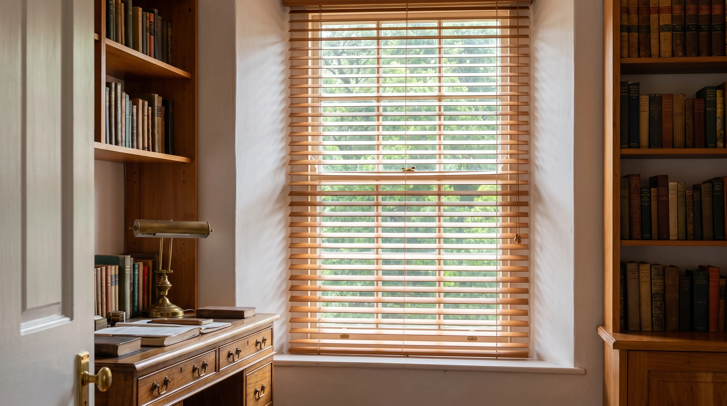 Warm timber venetian blind tilted half open in a sunlit Belvidere-style cottage study, forest canopy visible through a sash window, light bands across a wooden desk