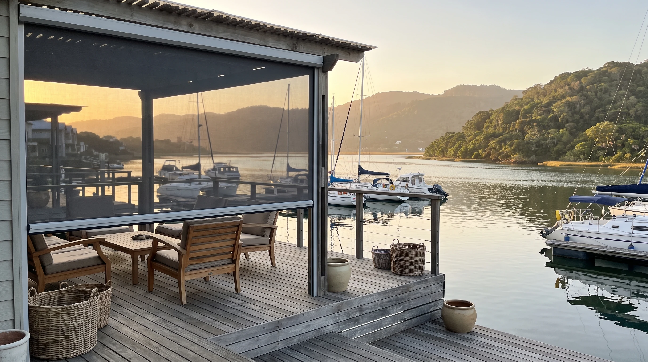 Charcoal zip screen partially lowered over an outdoor deck on Thesen Islands, moored yachts and misty forested hills visible across the lagoon