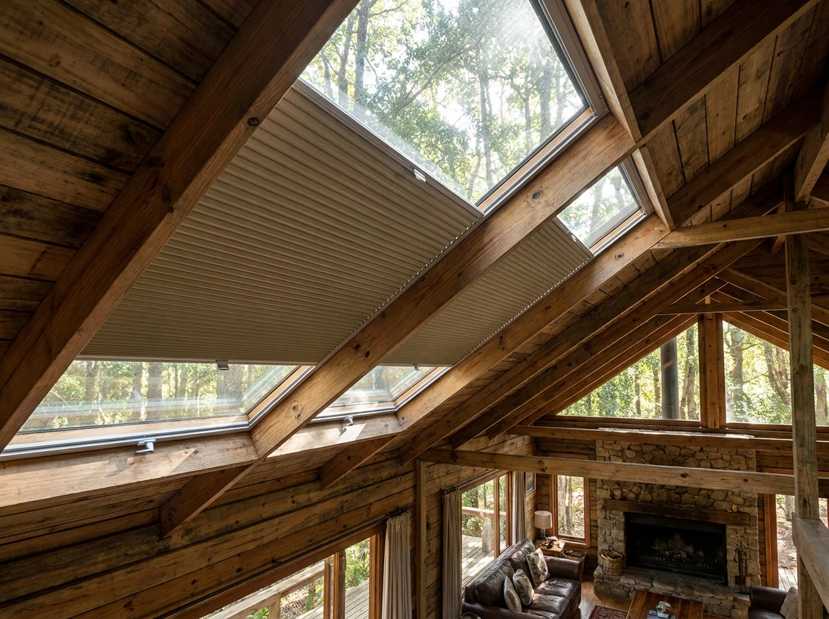 Tensioned pleated blind fitted flat against a raked skylight window in a timber-framed Knysna forest cabin