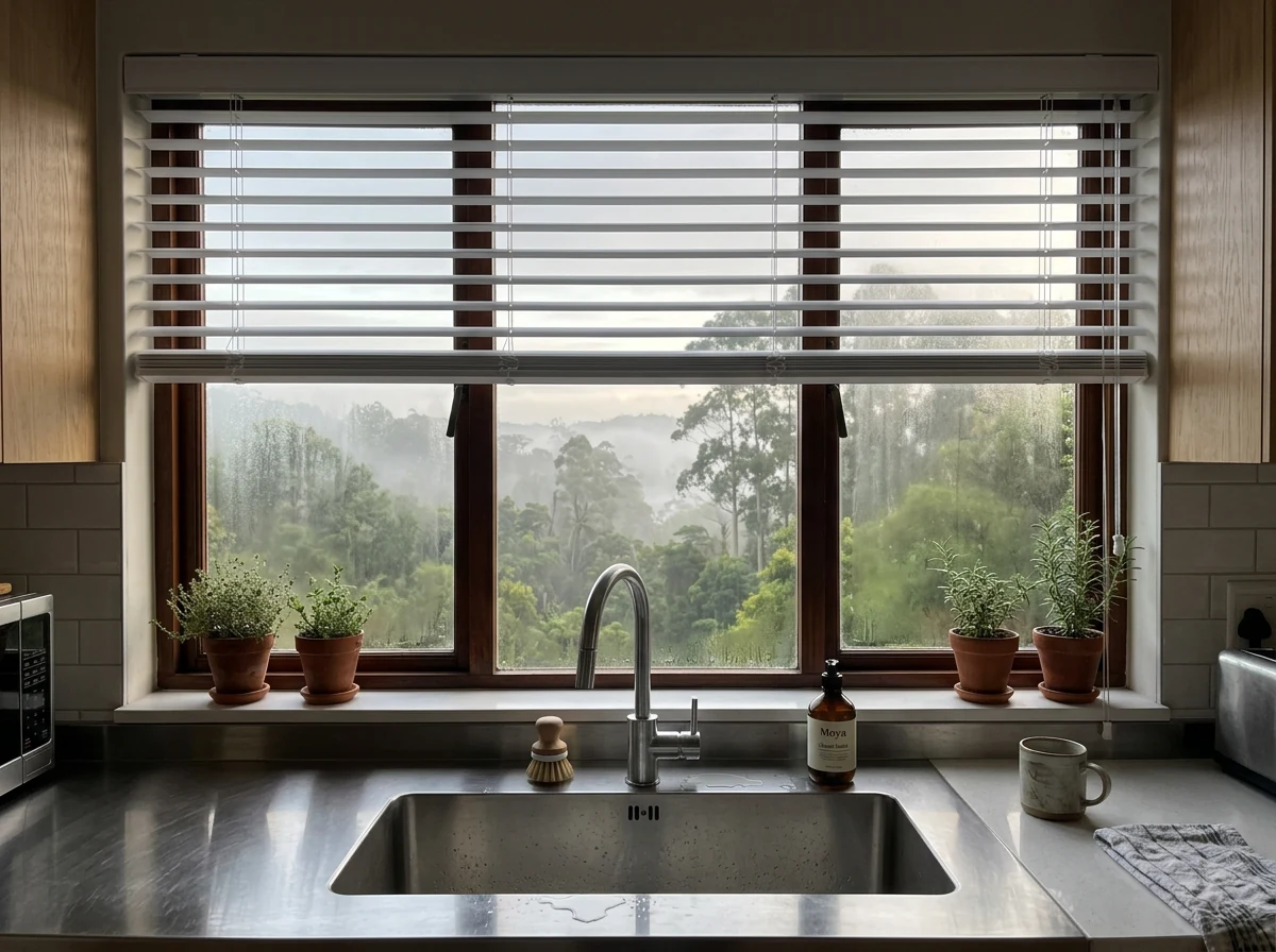Crisp white aluminium venetian blind tilted open over a kitchen window above a stainless steel sink in a Knysna home