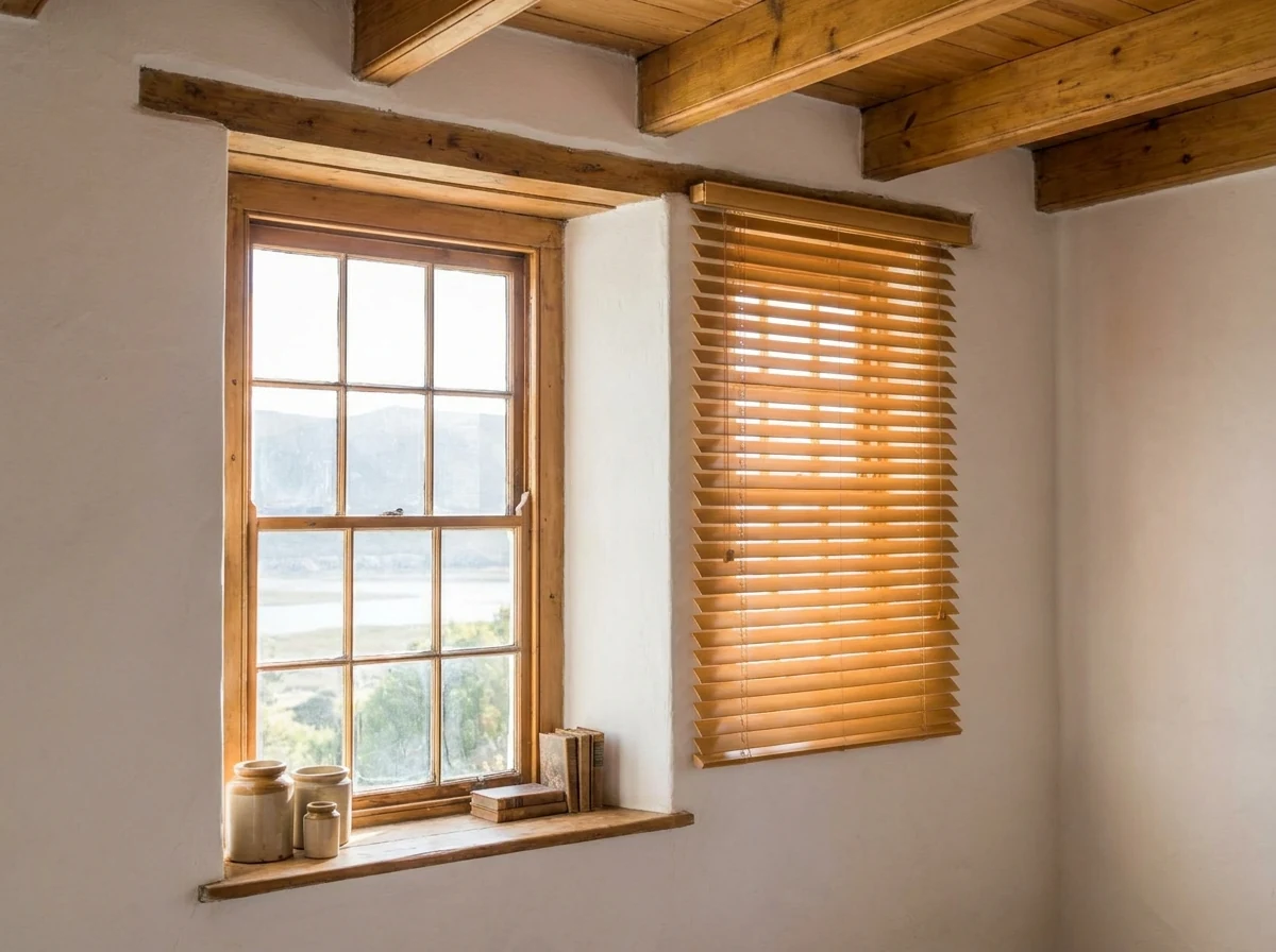 Inside a whitewashed Georgian-style cottage at Belvidere Estate near Knysna, a tall sash window looking toward the lagoon shoreline in soft distance, warm timber venetian blind tilted half open