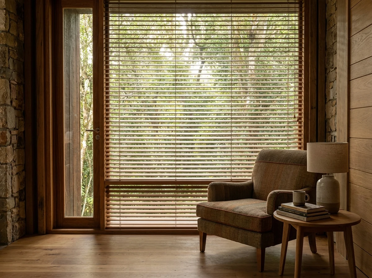 Timber venetian blind with wide 50mm slats tilted to filter dappled forest light in a Knysna reading nook, armchair and side table beside a tall window