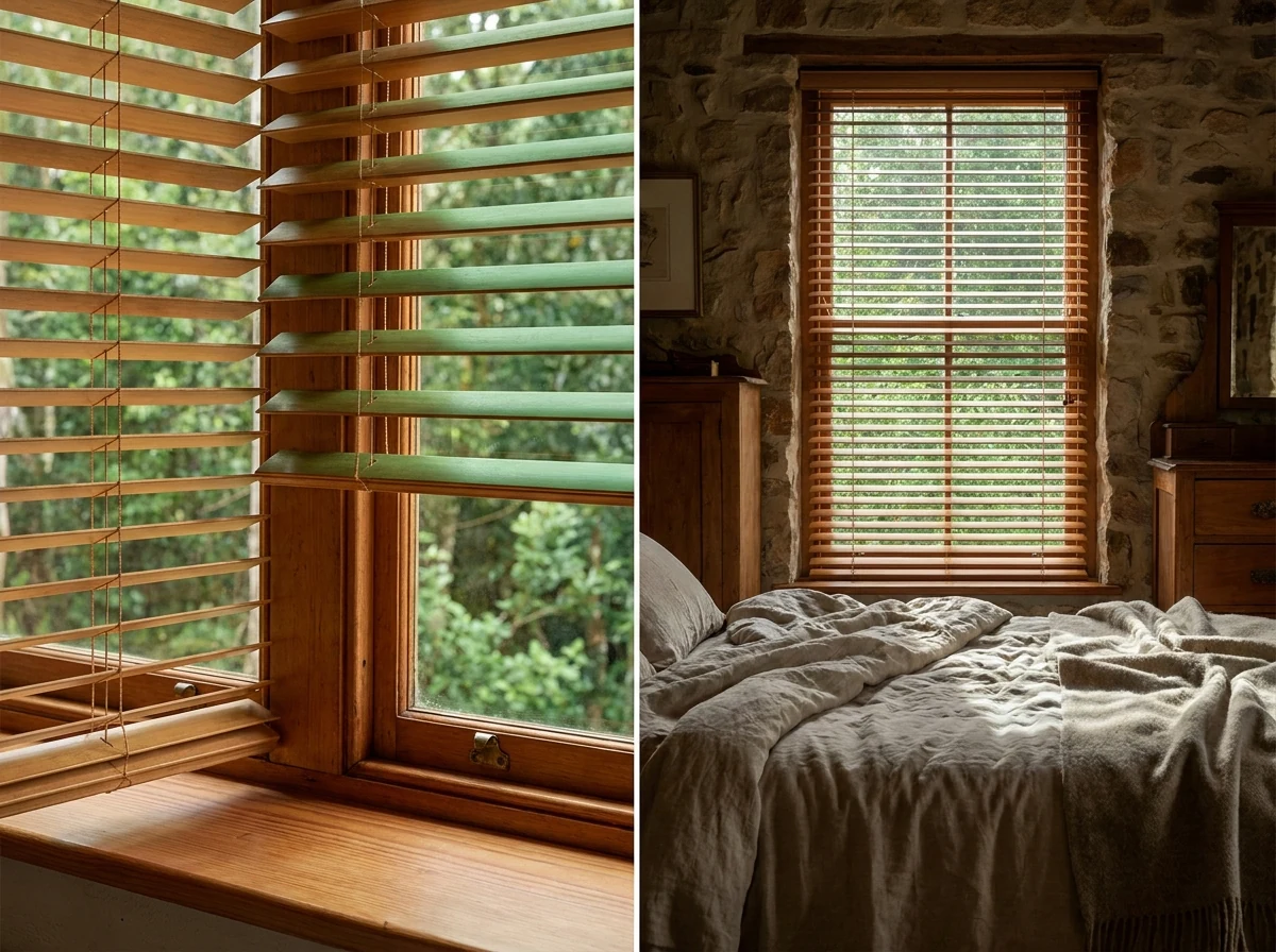 Warm timber venetian blind with slats tilted open over a forest-facing window in a Knysna cottage bedroom