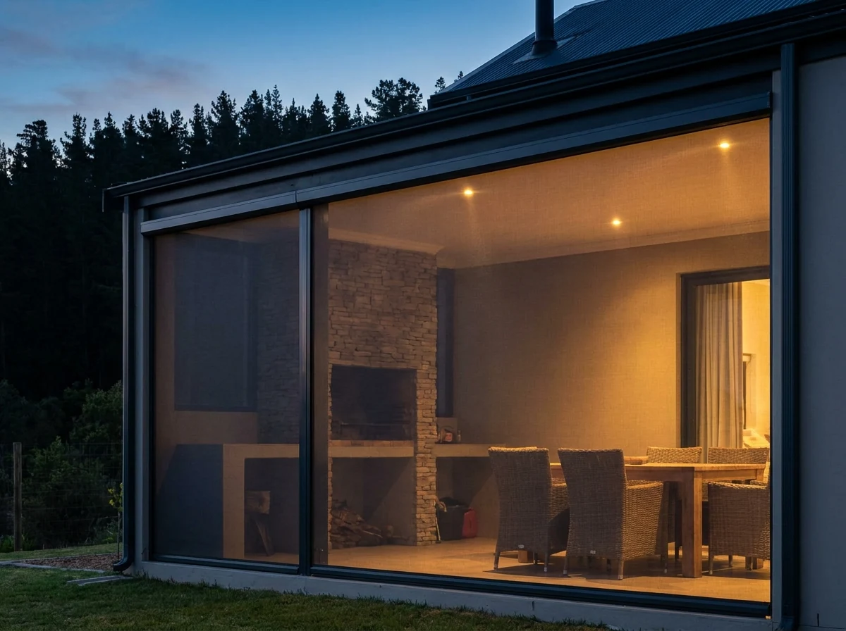 Charcoal zip screen enclosing a covered braai patio at a Knysna home at dusk, warm outdoor lighting glowing through the mesh