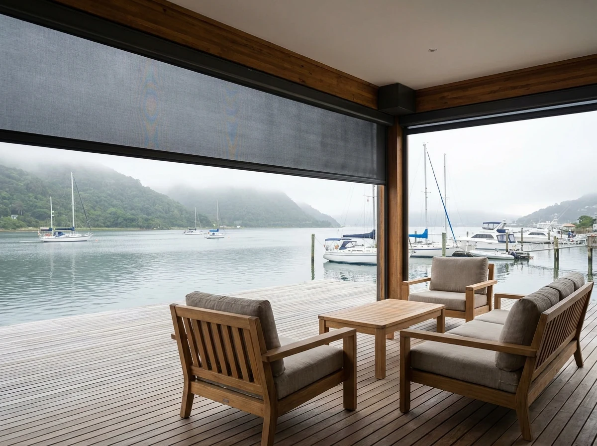 Zip screen system on an open-air deck over the Knysna Lagoon, mesh fabric partially retracted into its cassette, boats and misty forested hills across the water